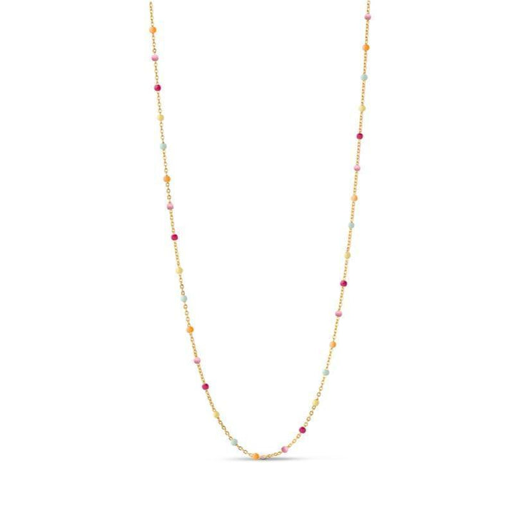 enamel lola vergulde ketting n55g regenboog afgebeeld op witte achtergrond met gekleurde parels, Model n55g-rainbow-1