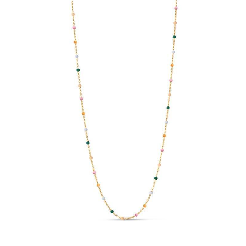 enamel lola ketting n55g dromerig, ketting van goudkleurig metaal met gekleurde parels op een witte achtergrond. Model N55G-DREAMY-1