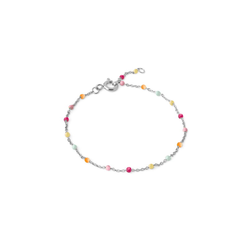 Enamel Zilveren Lola-armband met kleine kleurrijke parels in de tinten van de regenboog, weergegeven tegen een witte achtergrond. Model b66s-regenboog-b66s-regenboog-1