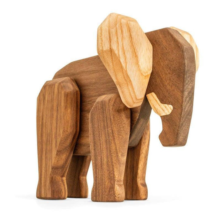 FableWood Far Elefant, handgemaakt olifantenfiguur in licht en donker hout op een witte achtergrond. Modelfw1031-2