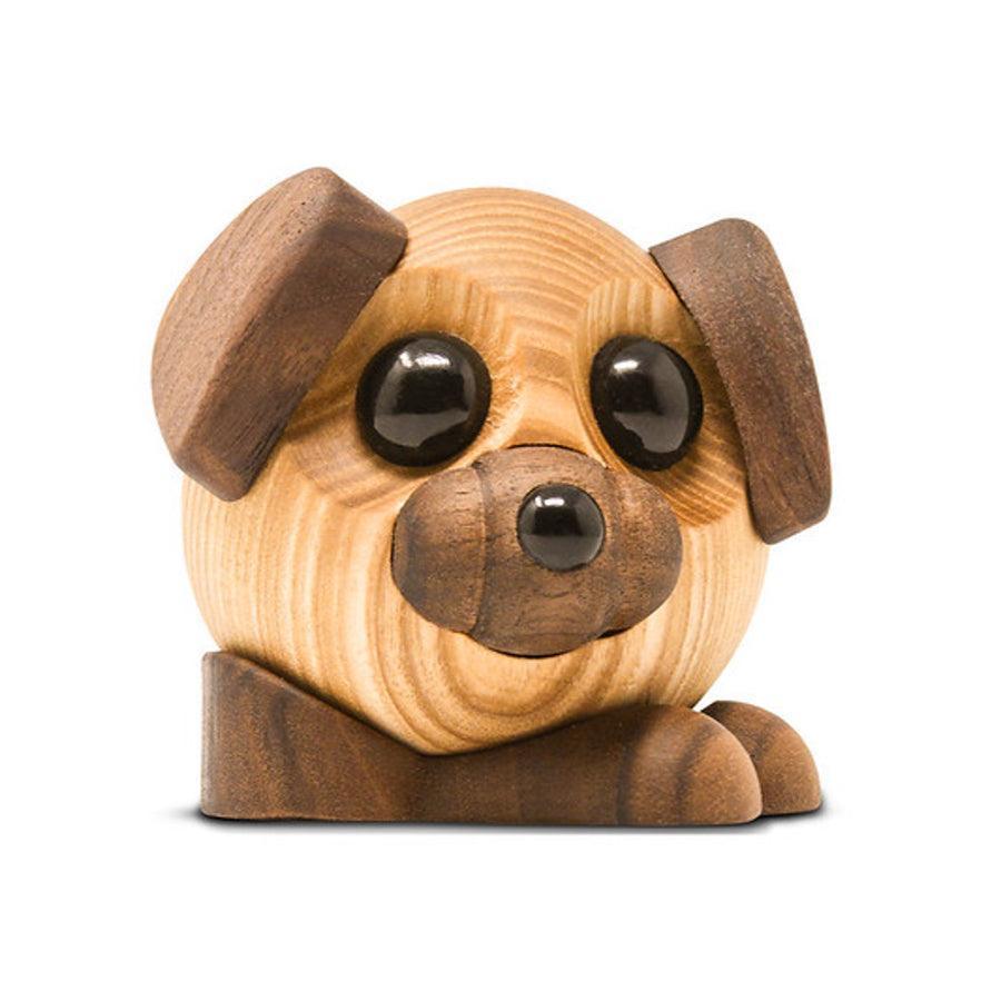Fablewood Buddy de hond, handgemaakt hondenfiguur in licht en donker hout, schattig ontwerp. Model 1100-1