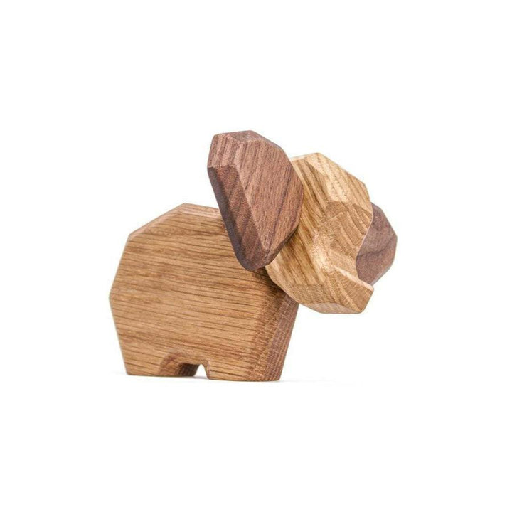 Fablewood Kleine olifant in licht en donker hout, modern en decoratief figuur op een witte achtergrond. Model 9008-9008-2