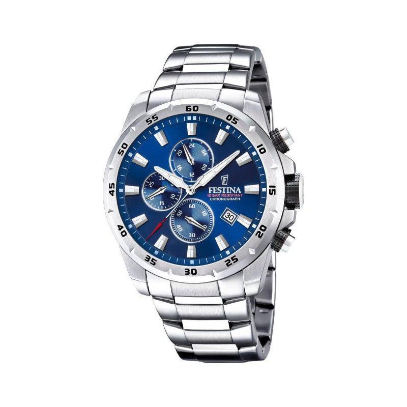 Festina Chrono Sport 204632 met blauwe wijzerplaat, zilverkleurige stalen ketting en chronograaffunctie. Model 204632-1
