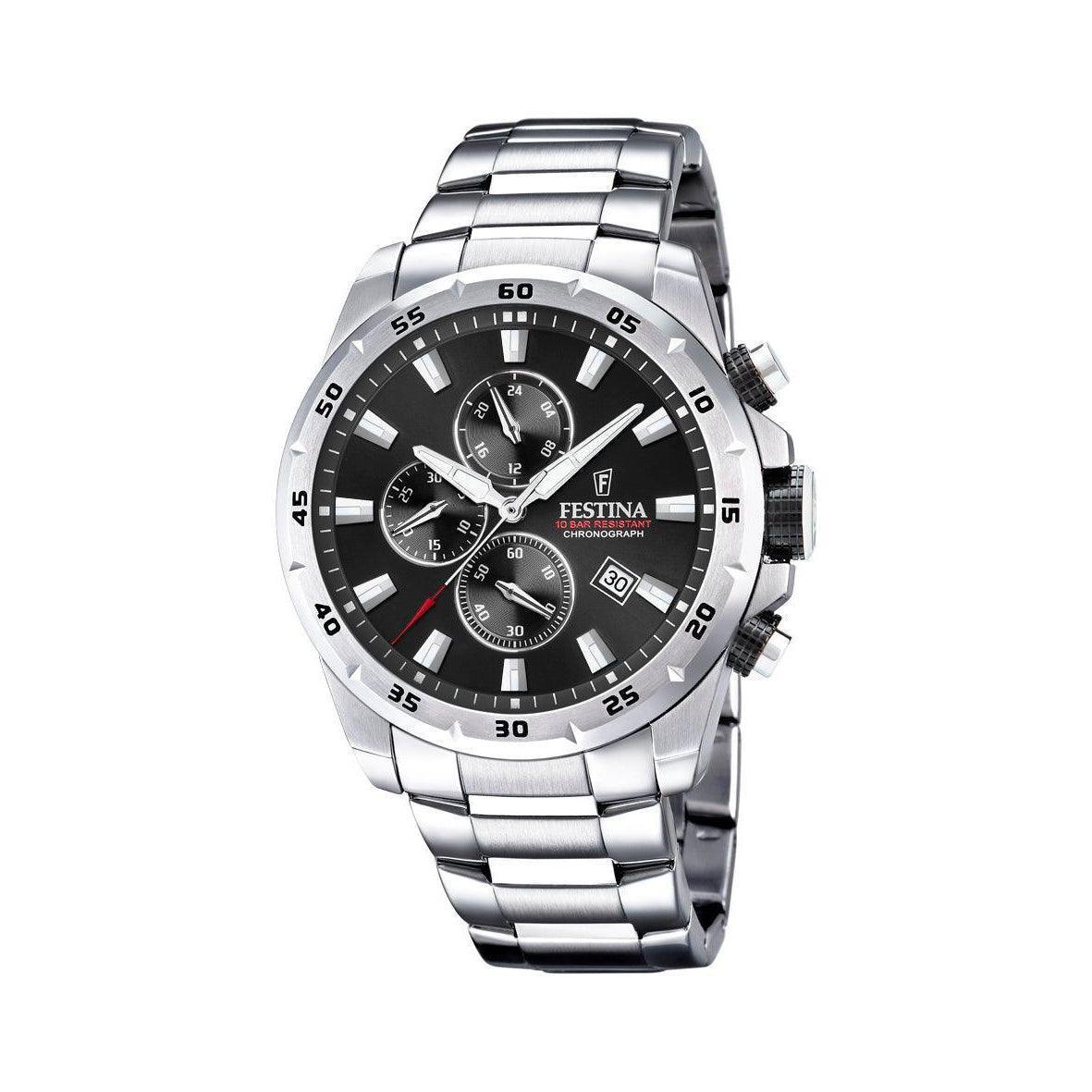 Festina Chrono Sport 20463/4 herenhorloge met zwarte wijzerplaat, chronografen en stalen ketting. Model 204634-204634-1.