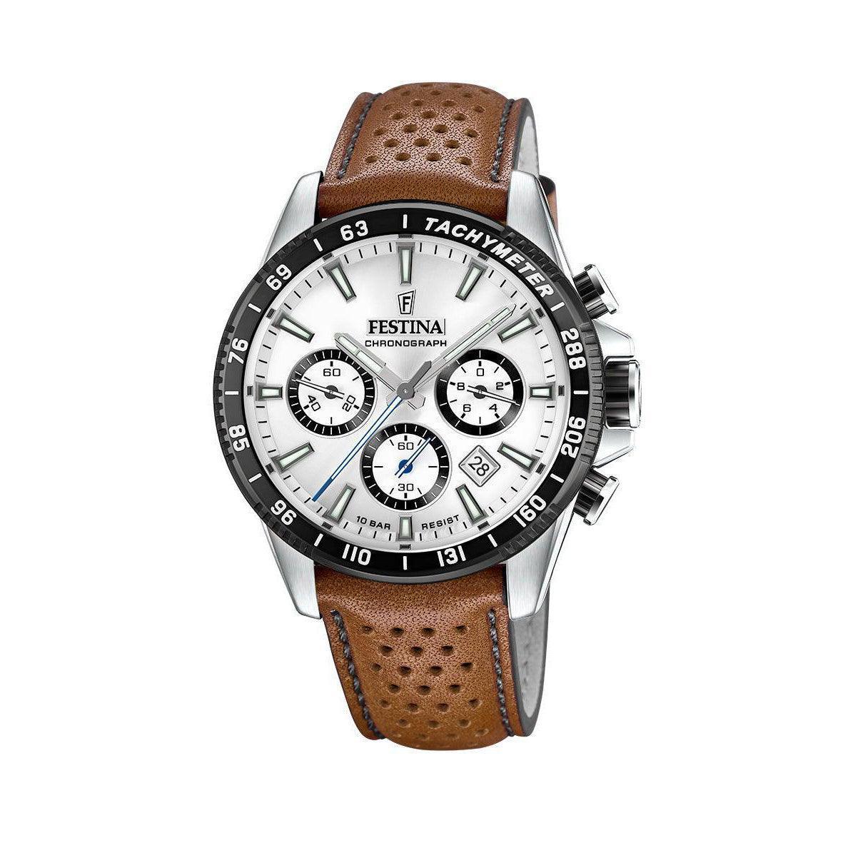 Festina Chrono Sport 20561/1 herenhorloge met witte wijzerplaat, tachymeter en bruin lederen band. Model 20561/1