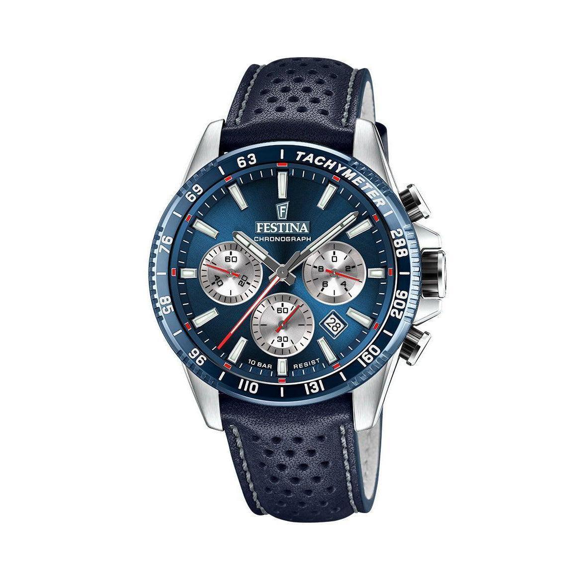 Festina Chrono Sport 20561/2 met blauwe wijzerplaat, chronograaffunctie en donkerblauwe leren band. Model 20561/2.