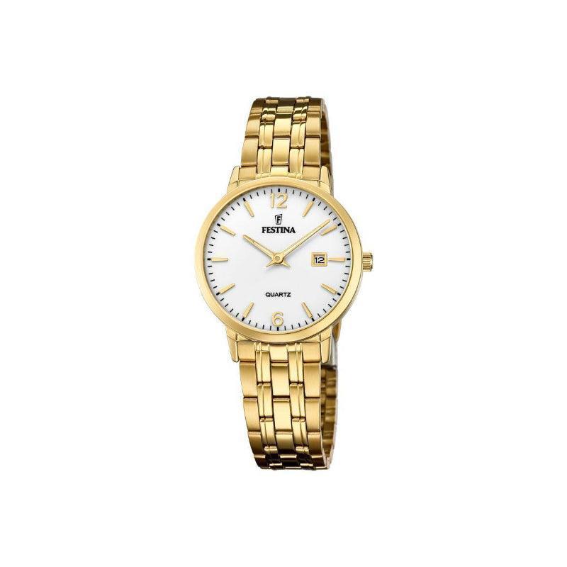 Festina Dameshorloge Classic met witte wijzerplaat, gouden stalen ketting en datumaanduiding. Model 205142-1.