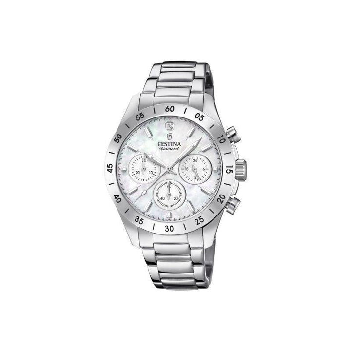 Festina Dameshorloge Diamond Chrono van staal met parelmoeren wijzerplaat en chronograaffunctie. Model 203971-1