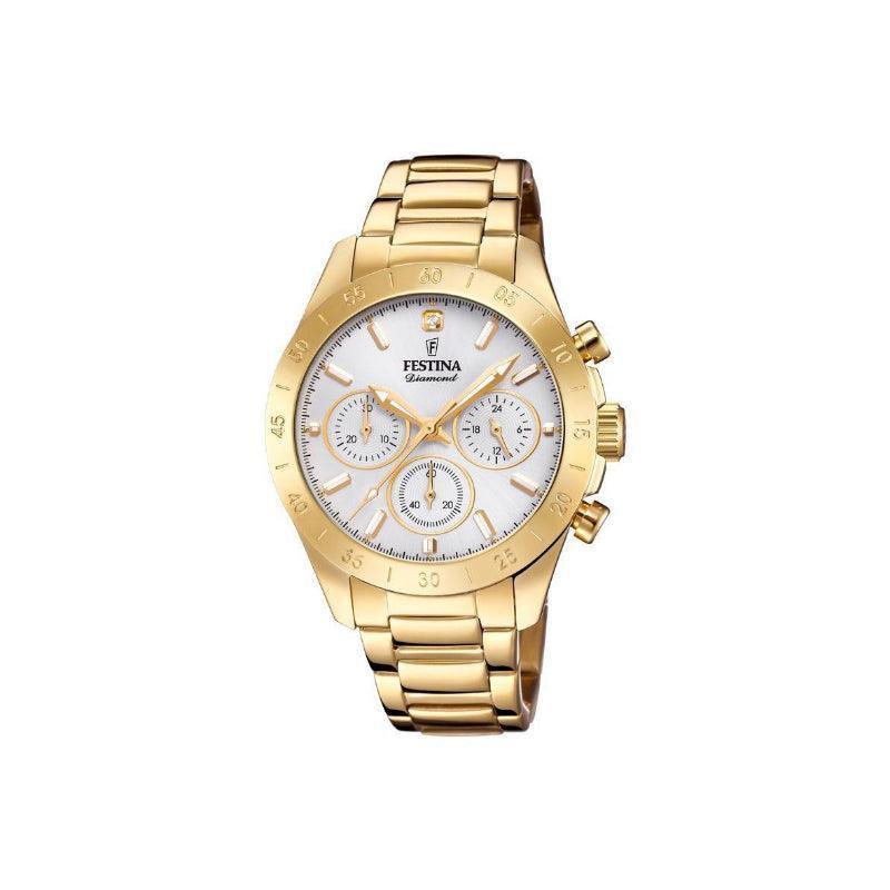 Festina Dameshorloge Diamond Chrono 204001 wordt weergegeven in glanzend gouden kleur met witte wijzerplaat en chronograaf. Model 204001-1.
