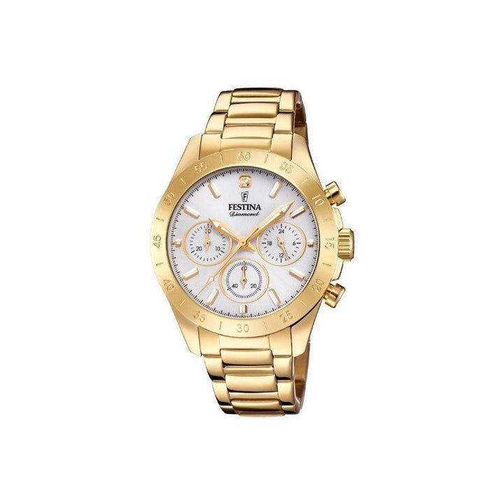 Festina Dameshorloge Diamond Chrono 204001 wordt weergegeven in glanzend gouden kleur met witte wijzerplaat en chronograaf. Model 204001-1.
