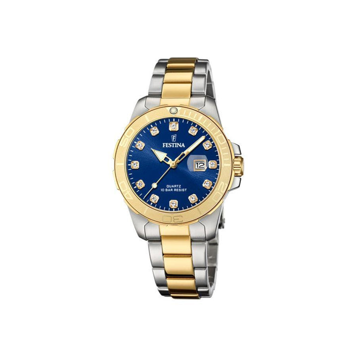 Festina Dameshorloge F205043 toont een tweekleurig polshorloge met blauwe wijzerplaat, goudkleurige details en datumweergave. ModelF205043-1.