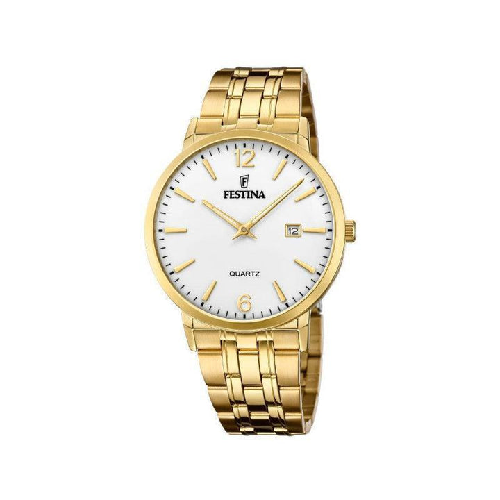 Festina herenhorloge Classic met witte wijzerplaat, goudkleurige stalen band en datumaanduiding. Model 205132-1.