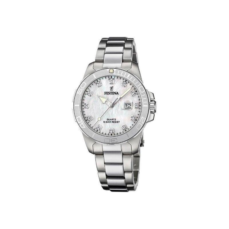Festina Lady S Sport dameshorloge met zilverkleurige stalen kast en parelmoer wijzerplaat, model 205031-205031-1