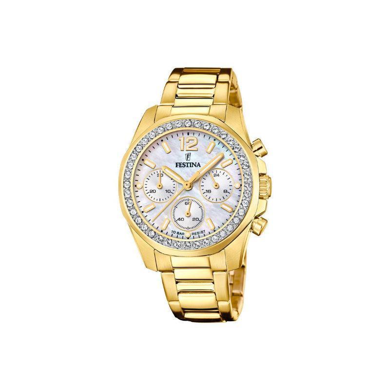 Festina Rainbow Women's Watch toont een elegant goudkleurig polshorloge met een stalen band en gekleurde details. ModelF206091