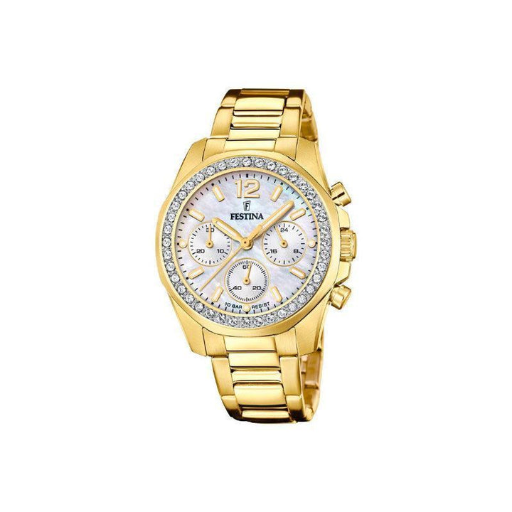 Festina Rainbow Women's Watch toont een elegant goudkleurig polshorloge met een stalen band en gekleurde details. ModelF206091