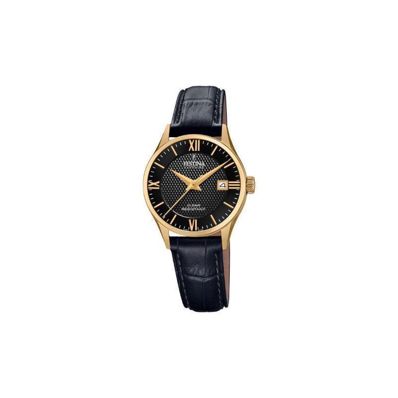 Festina Swiss Made dameshorloge met zwart lederen band, gouden kast en zwarte wijzerplaat. Model 200114-1.