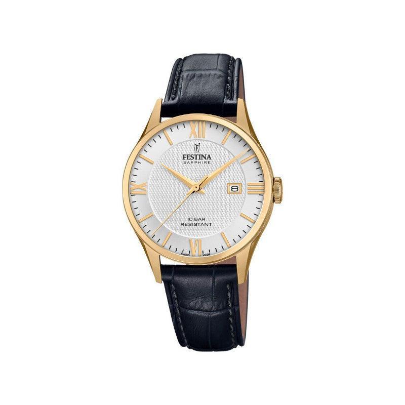 Festina Swiss Made Herenhorloge met witte wijzerplaat, goudkleurige kast en zwart leren band. Model 200102-1