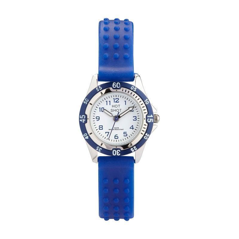 Hot Shot Borneur blauwe band en kroon toont een kinderhorloge met blauwe siliconen band en ronde wijzerplaat. Model2684s3-1.