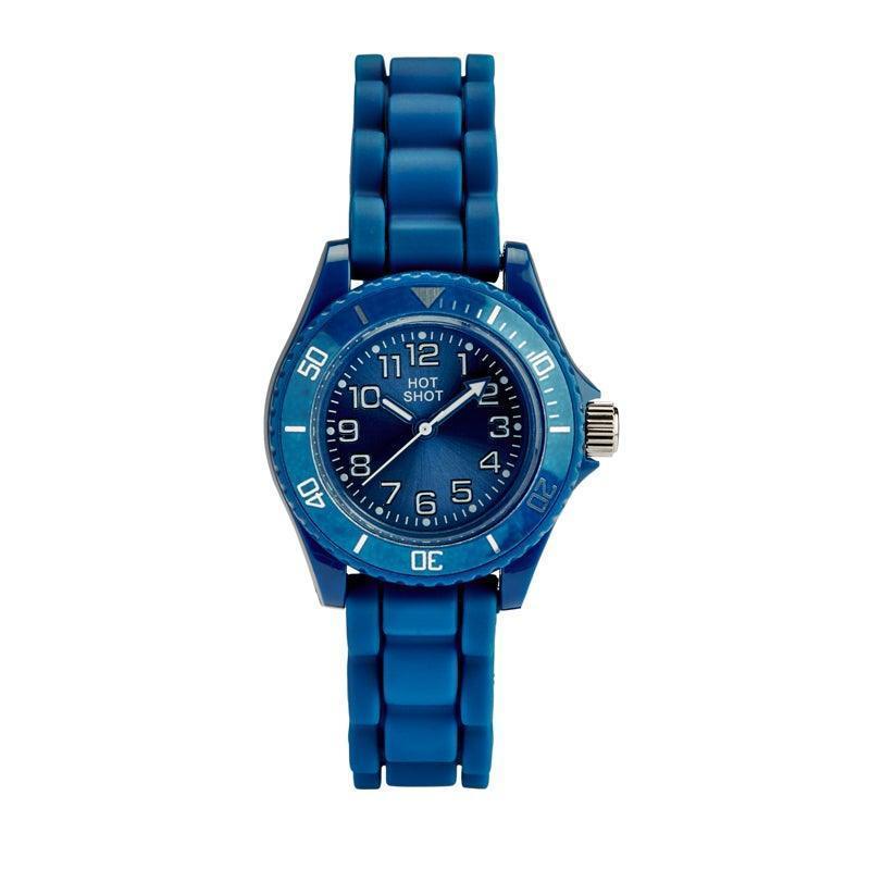 HOT SHOT Op de blauwe wijzerplaat van Borneur staat een kinderhorloge van blauw plastic met duidelijke cijfers en siliconen band. Model 10473-1