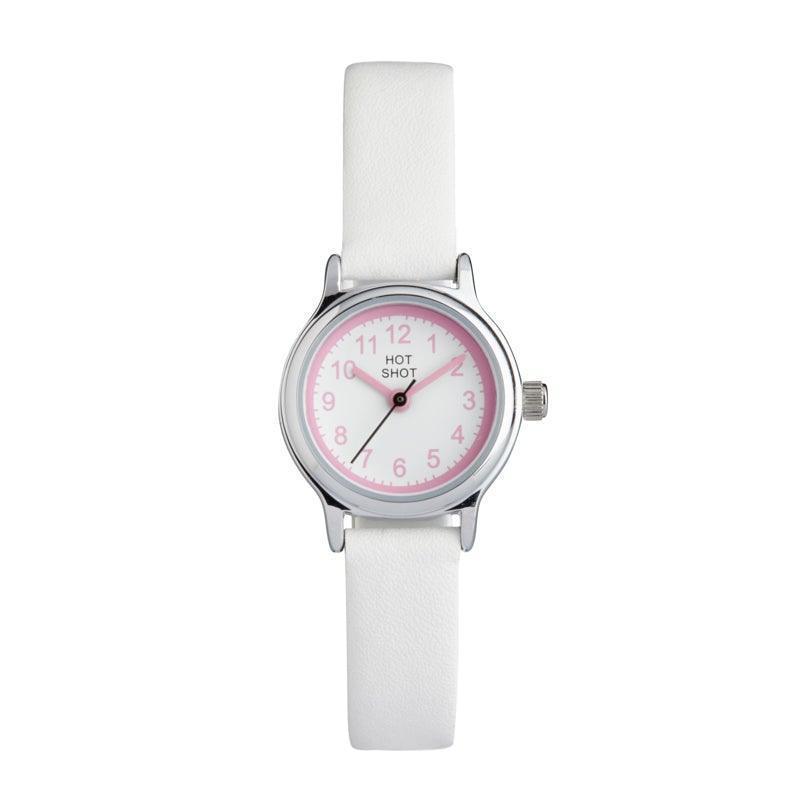 Hot Shot Borneur witte wijzerplaat met roze cijfers en witte leren band. Model 09441-1.