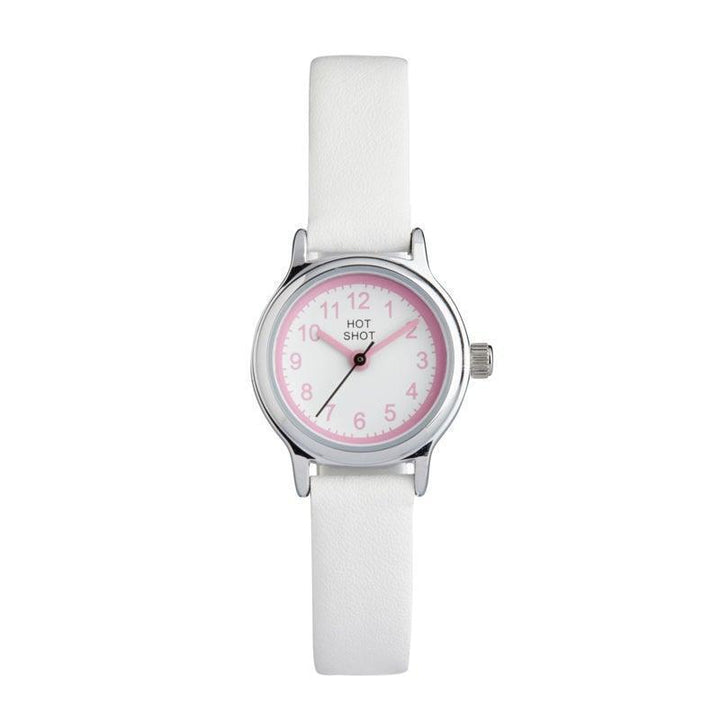 Hot Shot Borneur witte wijzerplaat met roze cijfers en witte leren band. Model 09441-1.