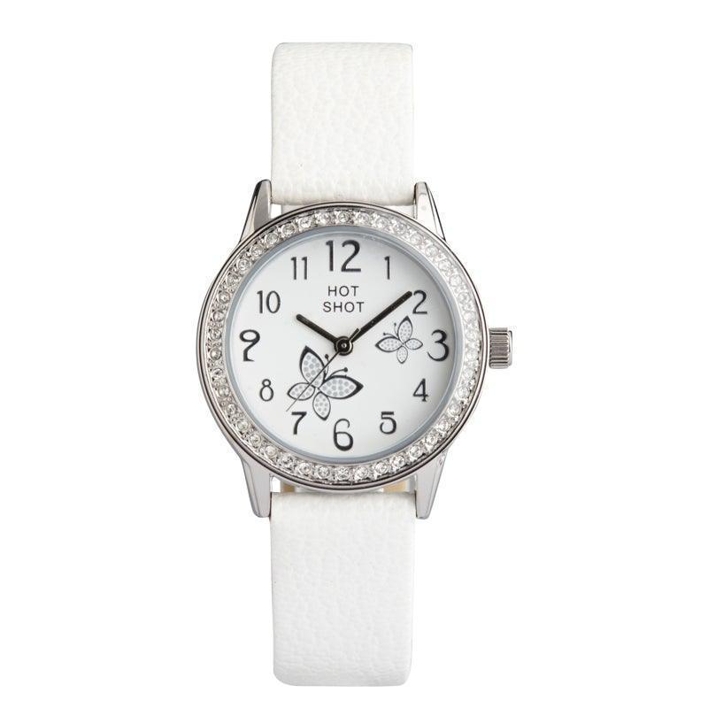 Hot Shot Borneur witte wijzerplaat met vlinders, witte band en kristallen rand. Model 18781-1