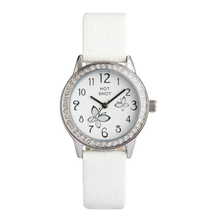 Hot Shot Borneur witte wijzerplaat met vlinders, witte band en kristallen rand. Model 18781-1