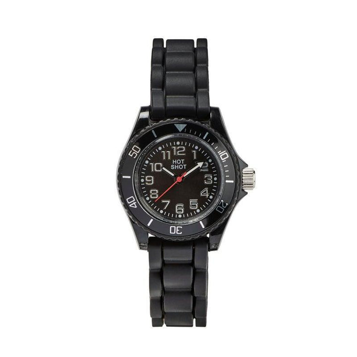 Hot Shot Borneur zwart rubberen band, klassiek kinderhorloge met zwarte wijzerplaat en band. Model 10471-1.