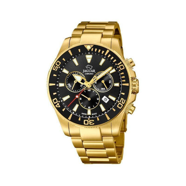 Jaguar herenhorloge Executive Diver met zwarte wijzerplaat, goudkleurige stalen kast en ketting. ModelJ8643-J8643-1.