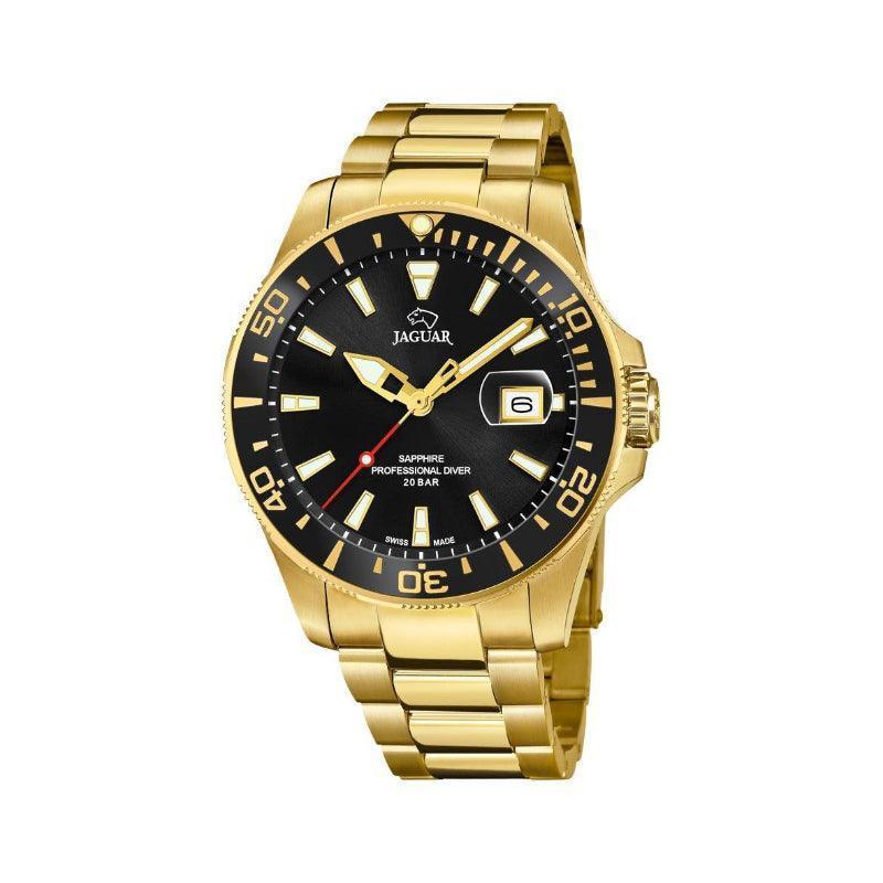 Jaguar herenhorloge Executive Diver met zwarte wijzerplaat, gouden stalen ketting en datumaanduiding. ModelJ8773-J8773-1