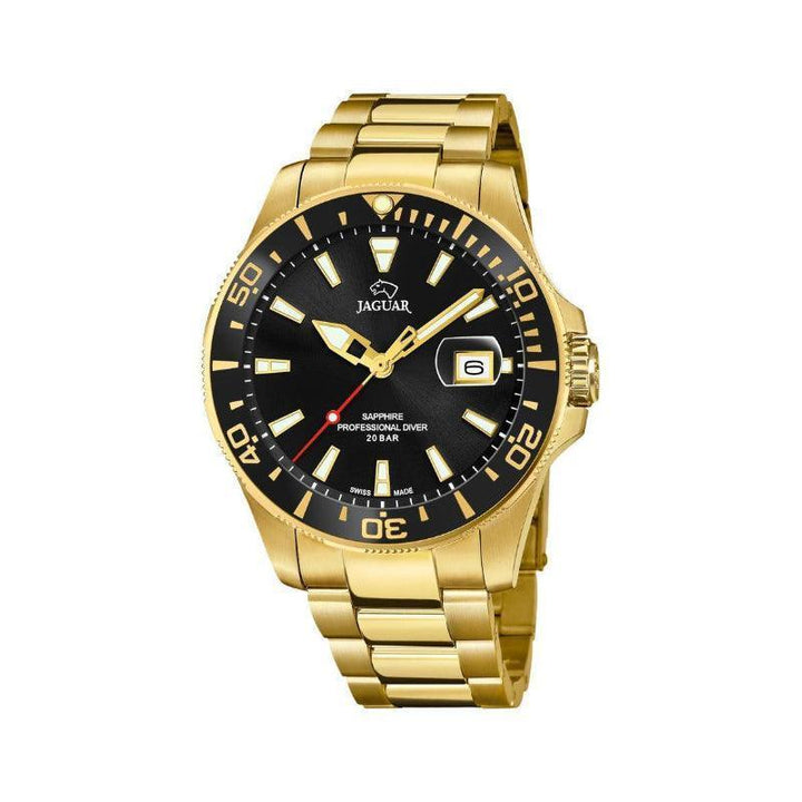 Jaguar herenhorloge Executive Diver met zwarte wijzerplaat, gouden stalen ketting en datumaanduiding. ModelJ8773-J8773-1