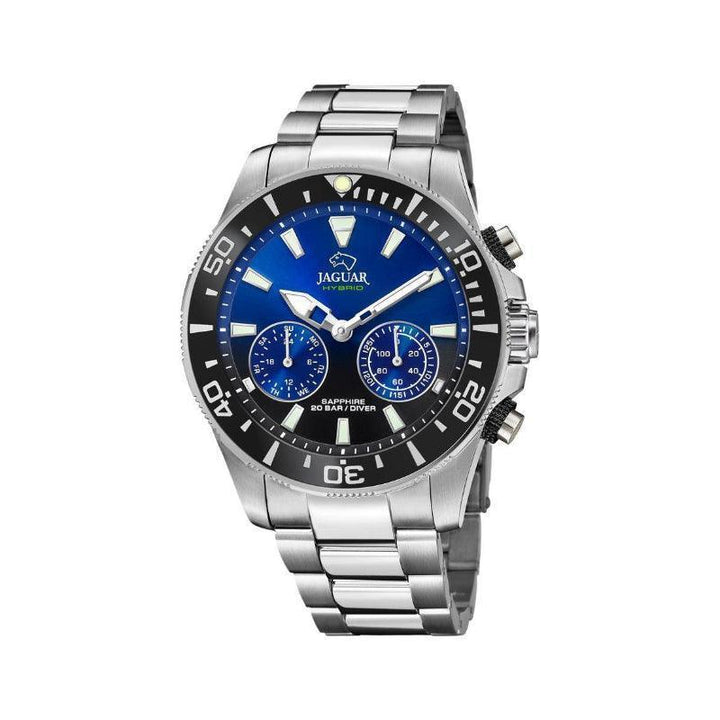 Jaguar hybride herenhorloge met blauwe wijzerplaat en zilveren stalen band, model J8886-J8886-1