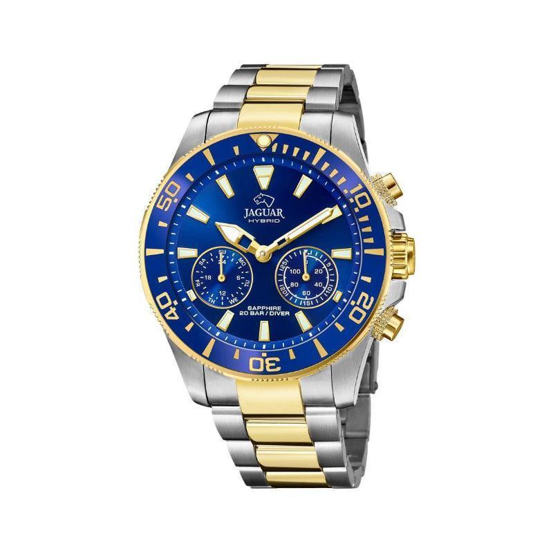 Jaguar herenhorloge Hybrid Diver J8891 met blauwe wijzerplaat, chronografen en tweekleurige stalen ketting. ModelJ8891-1.