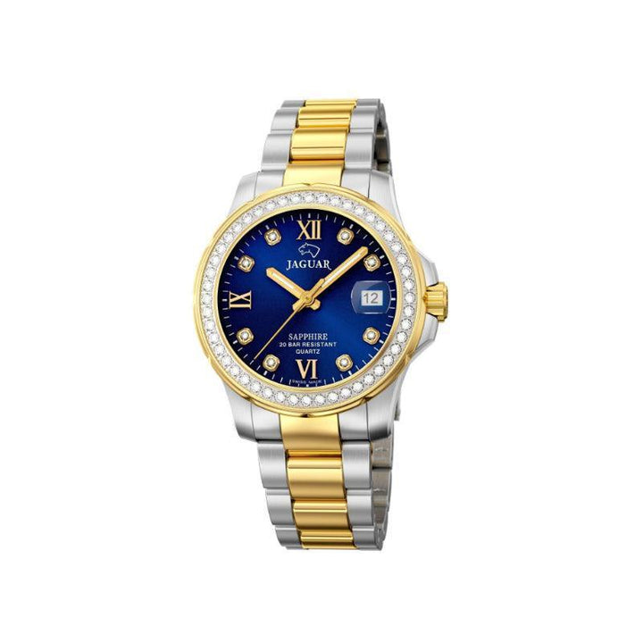 Jaguar Lady's Diver J8932 toont elegant dameshorloge met blauwe wijzerplaat, goud- en stalen band en model J8932-1.