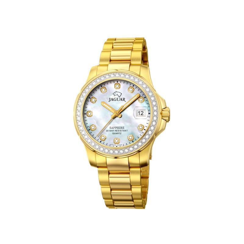 Jaguar Lady's Diver J8951 horloge van goudkleurig staal met witte parelmoeren wijzerplaat en stenen, model J8951-1