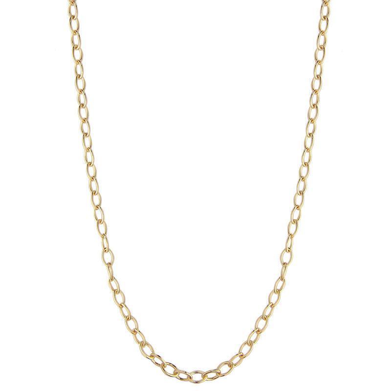 jeberg-jewellery-karla-halskaede-gold-plated toont een elegante ketting van verguld metaal met ovale schakels op een witte achtergrond. Model4526-45-goud-1