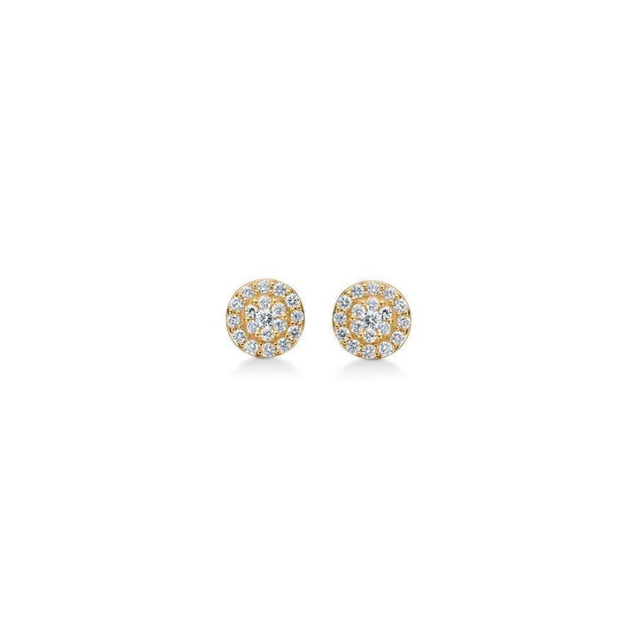 Mads Z 14 kt Eleanor Petite Studs weergegeven als een paar ronde gouden oorbellen met heldere stenen, model 1511074-1