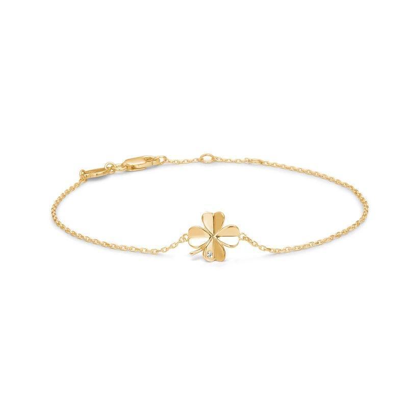 Mads Z 8kt Clover Bracelet goud klavertje vier aan fijn kettinkje klavertje vier hanger met klein steentje. Model3357102-1