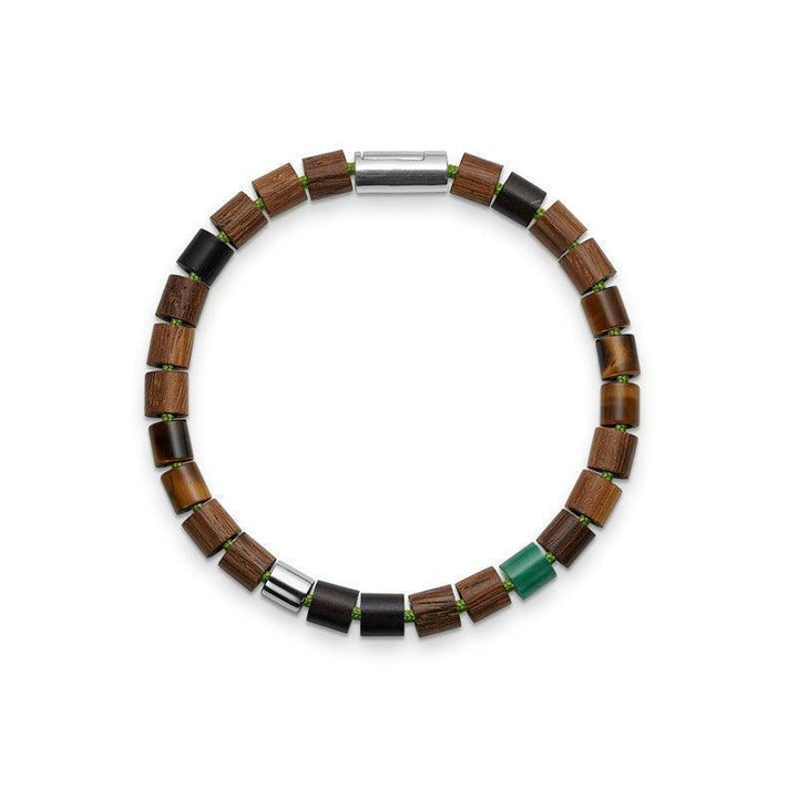 Mads Z Black Sun Green Bowl-armband met bruin, groen en zwart parelmotief, hout en metaal. Model 5159038-001