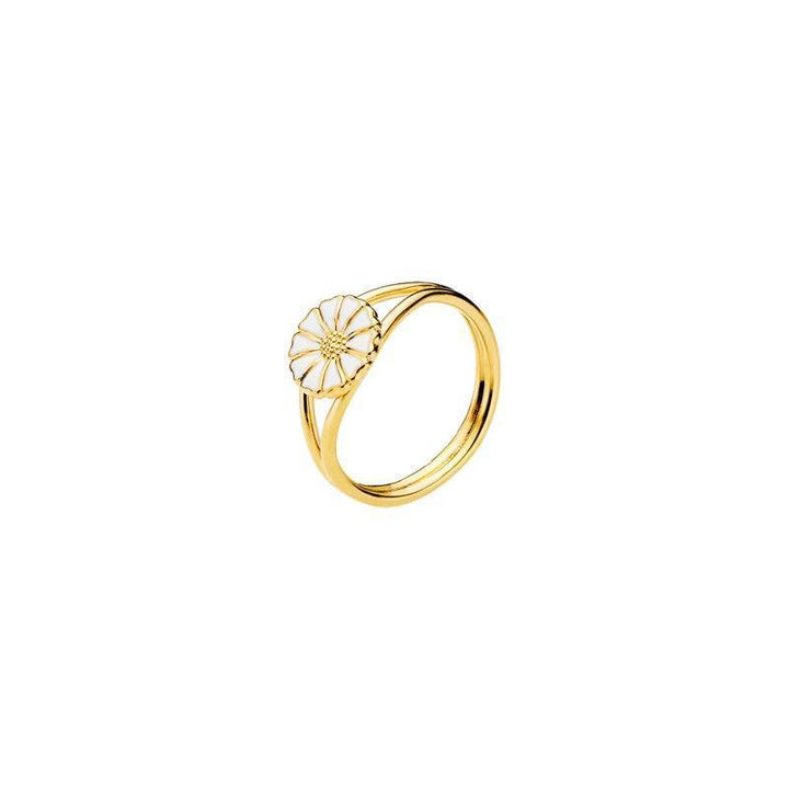 Madeliefje vergulde ring 9 mm met witte emaille madeliefjebloem op eenvoudige gouden ring. Model 907009-M-001-1.