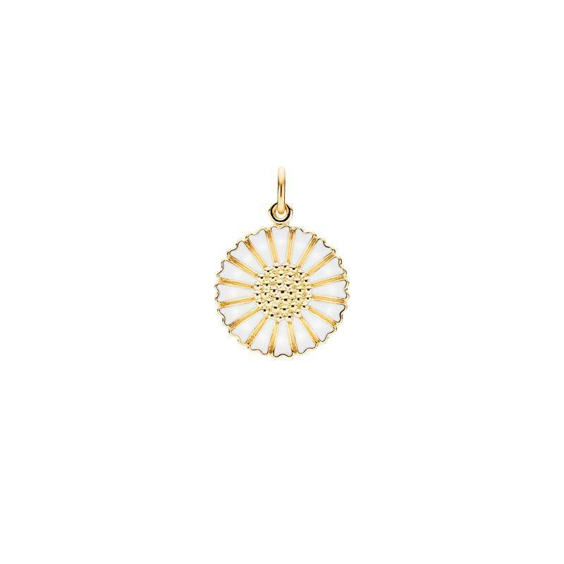 Madeliefje vergulde gouden hanger 18 mm met wit emaille, bloemmotief tegen witte achtergrond. Model 908018-M