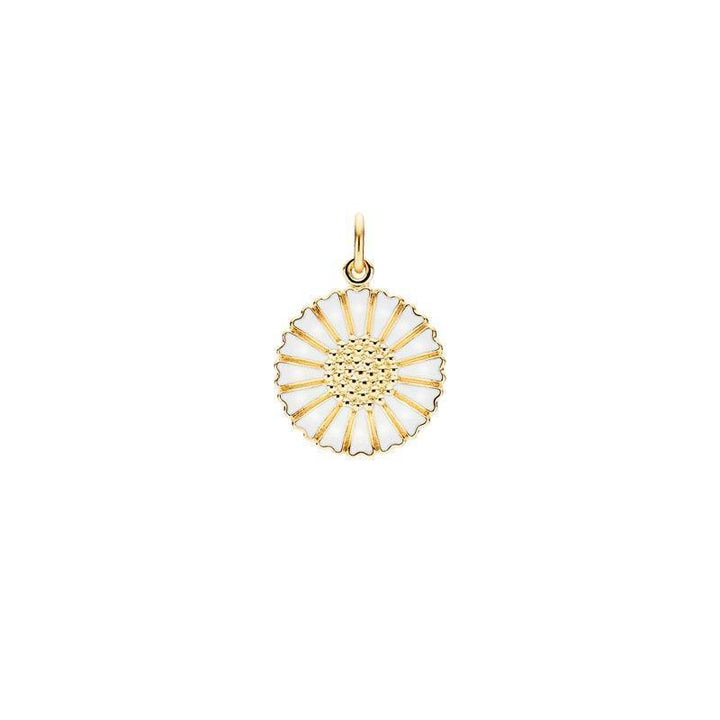 Madeliefje vergulde gouden hanger 18 mm met wit emaille, bloemmotief tegen witte achtergrond. Model 908018-M