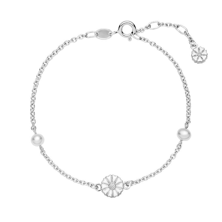Zilveren madeliefje armband met parels kun je tot in detail zien, zilveren ketting met madeliefje bloem en parels, model 9015039-33-h