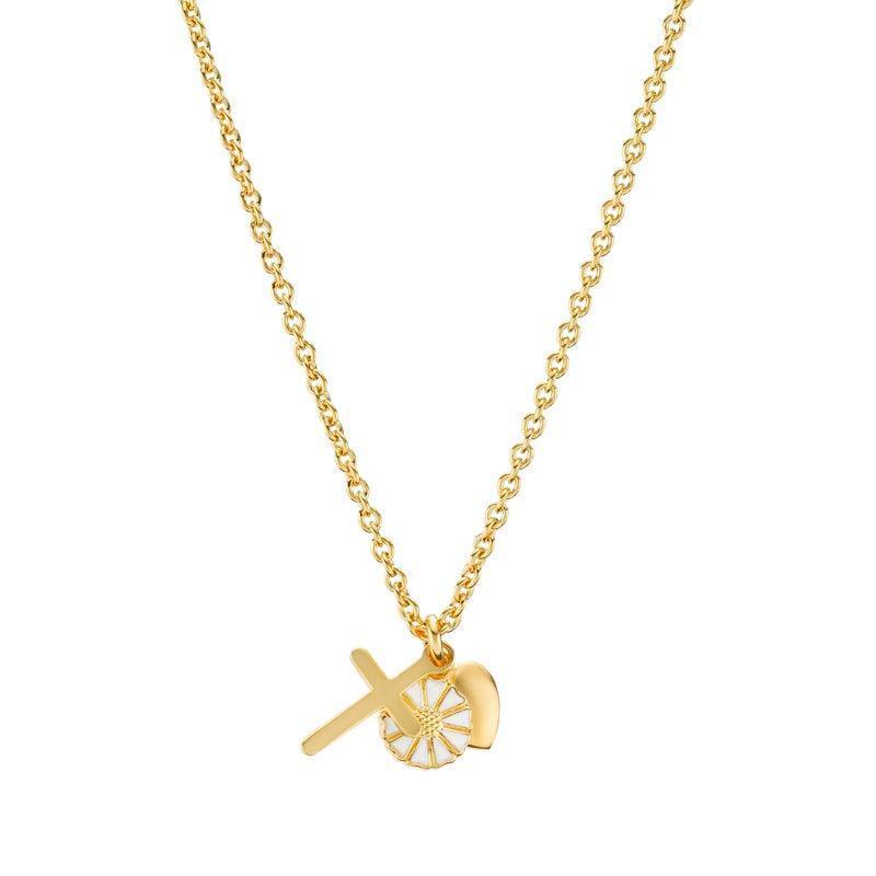 Daisy Faith Hope Love ketting met gouden hangers, kruis, hart en madeliefje, model 9025053-M