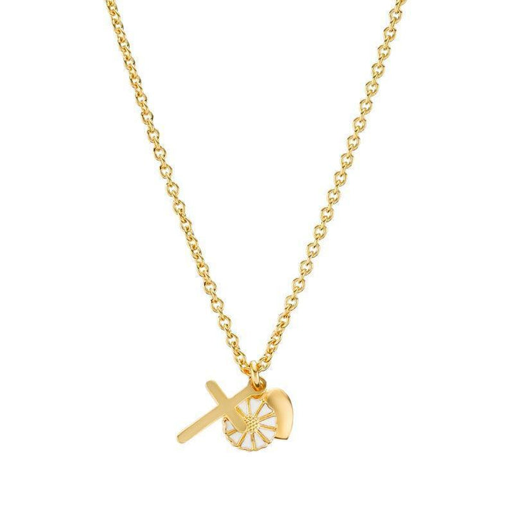 Daisy Faith Hope Love ketting met gouden hangers, kruis, hart en madeliefje, model 9025053-M