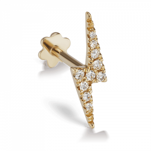 Maria Tash 11 mm Diamond Lightning Bolt Threaded Stud toont een elegante bliksemschicht stud in goud met diamanten, model XLB11D-001-1