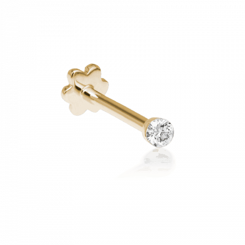Maria Tash 1,5 mm Invisible Set Diamond Threaded Stud toont een discrete gouden stud met ronde heldere diamant, Model xivi5d-001-1.