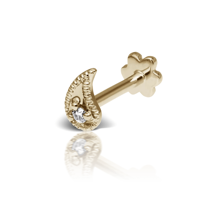 Maria Tash Diamond Paisley Threaded Stud Right in goud met een enkele diamant, elegant detail. Model XPAISD-YG-W5-R-001-1