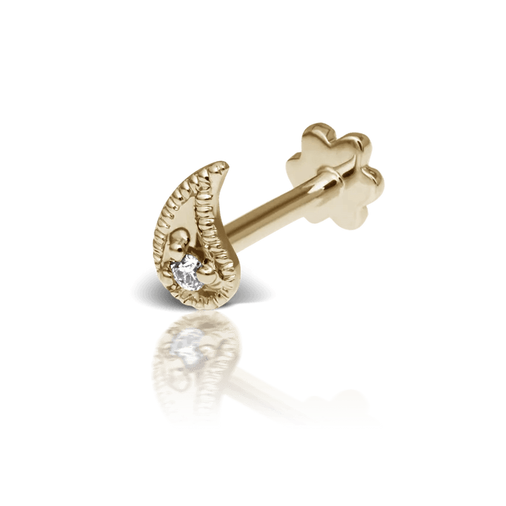 Maria Tash Diamond Paisley Threaded Stud Right in goud met een enkele diamant, elegant detail. Model XPAISD-YG-W5-R-001-1