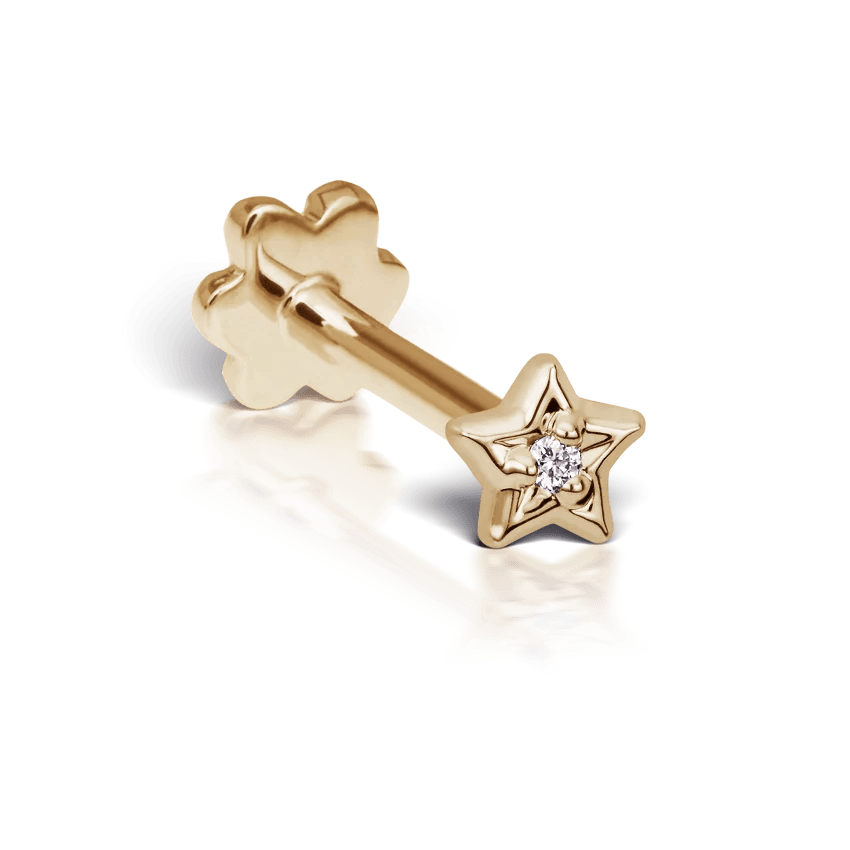 Maria Tash Diamond Solitaire Star XSSTARD YG, elegante stervormige oorbellen in goud met briljant, model XSSTARD-YG-W3-001-1.